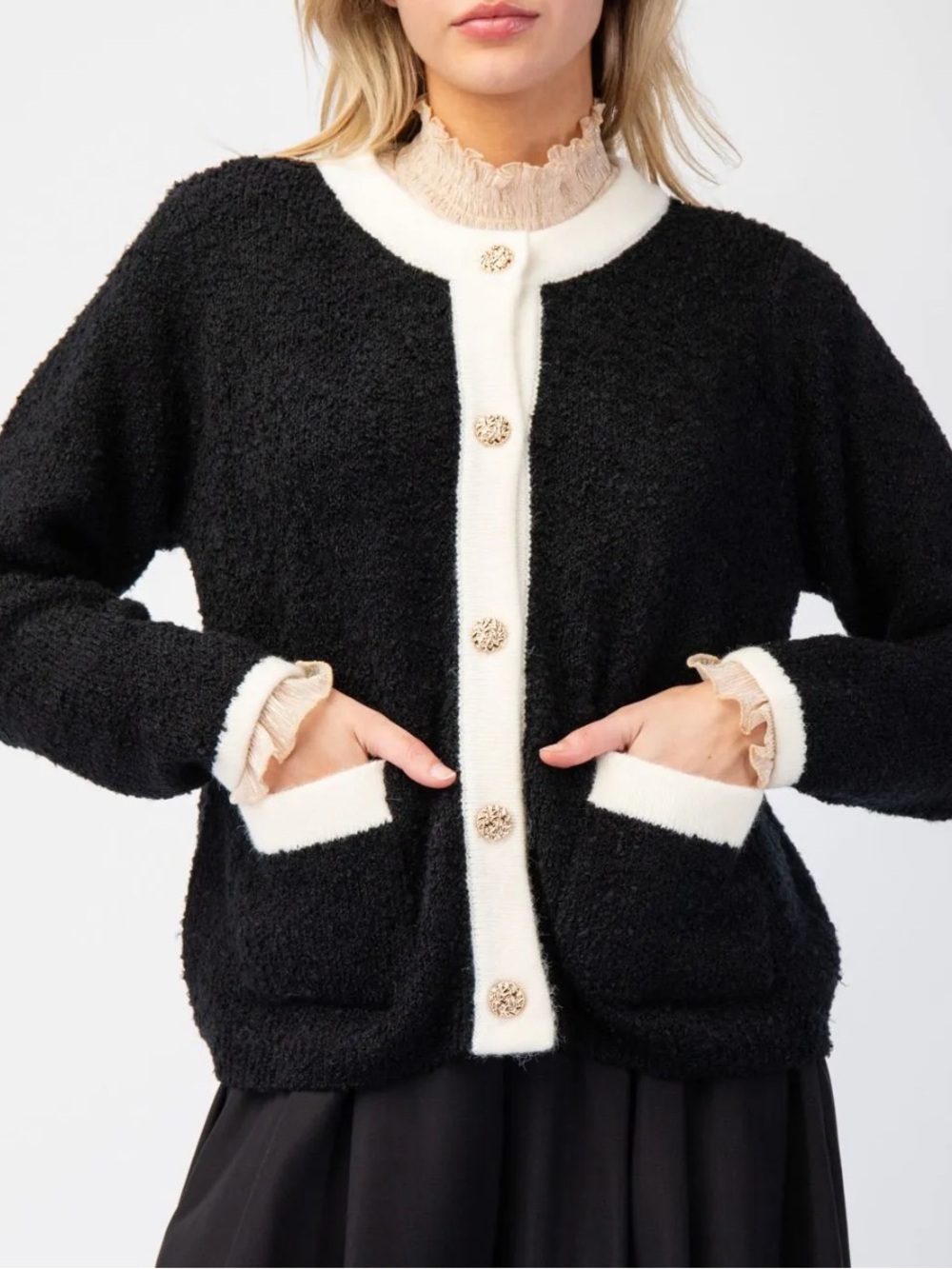 11. EASEL Black & Cream Bouclé Button-Front Jacket